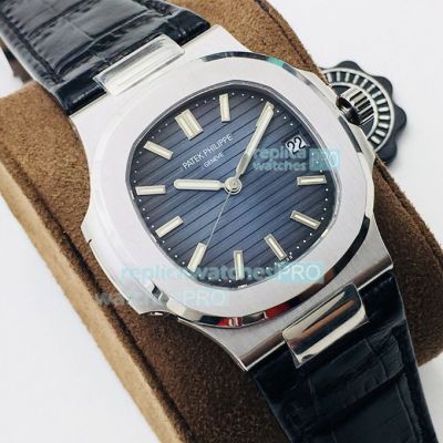 PPF V4 Replica Patek Philippe Nautilus Blue Dial Black Leather Strap Watch